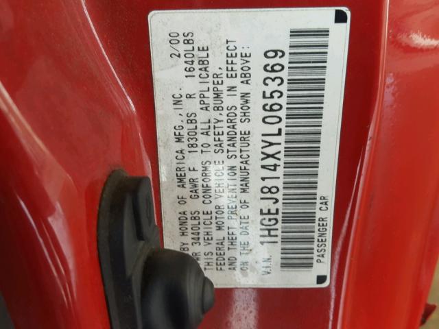 1HGEJ814XYL065369 - 2000 HONDA CIVIC EX RED photo 10