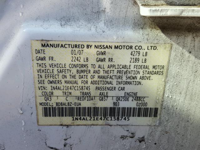 1N4AL21E47C158745 - 2007 NISSAN ALTIMA 2.5 WHITE photo 10