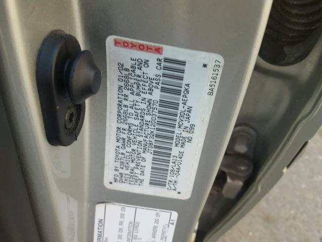 JTDBF32K120037570 - 2002 TOYOTA CAMRY LE SILVER photo 10