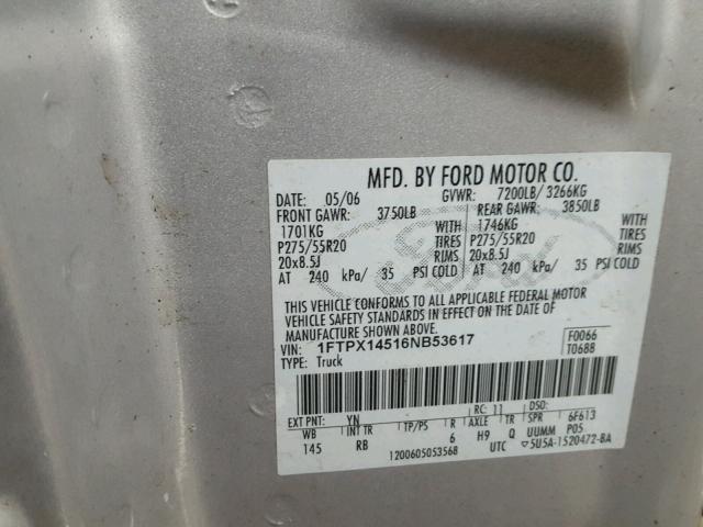 1FTPX14516NB53617 - 2006 FORD F150 SILVER photo 10