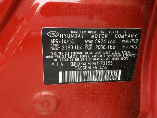 KMHD74LF8HU173155 - 2017 HYUNDAI ELANTRA SE RED photo 10