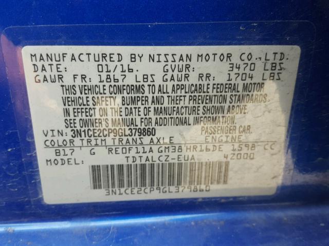 3N1CE2CP9GL379860 - 2016 NISSAN VERSA NOTE BLUE photo 10