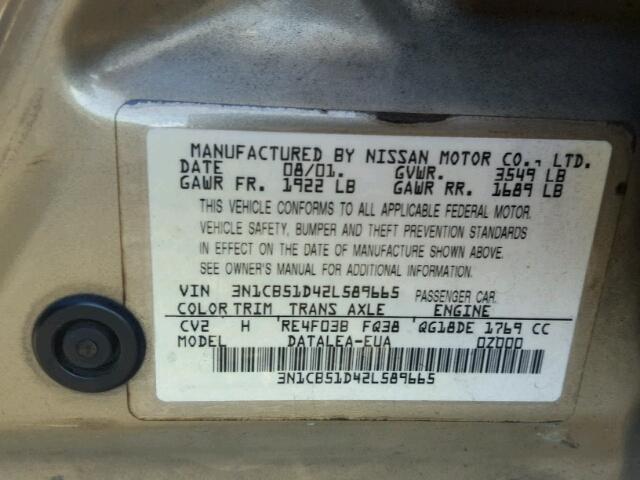 3N1CB51D42L589665 - 2002 NISSAN SENTRA XE GOLD photo 10