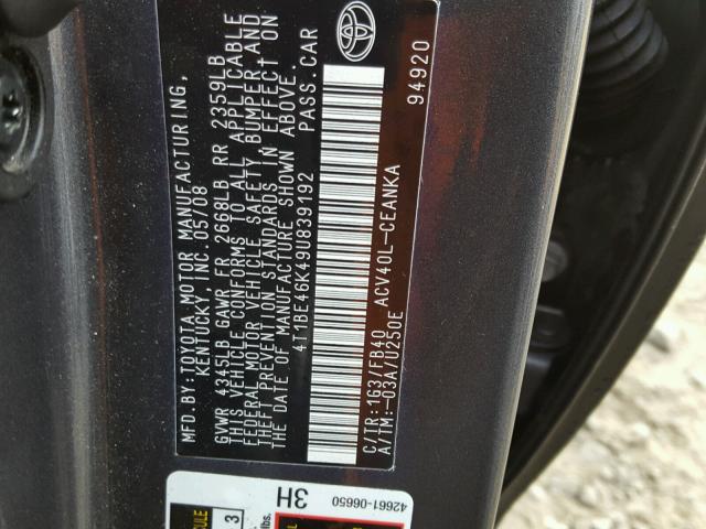 4T1BE46K49U839192 - 2009 TOYOTA CAMRY BASE GRAY photo 10