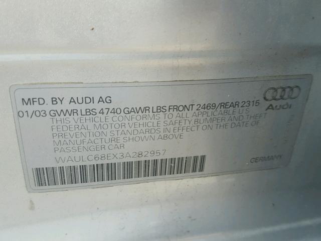 WAULC68EX3A282957 - 2003 AUDI A4 1.8T QU SILVER photo 10