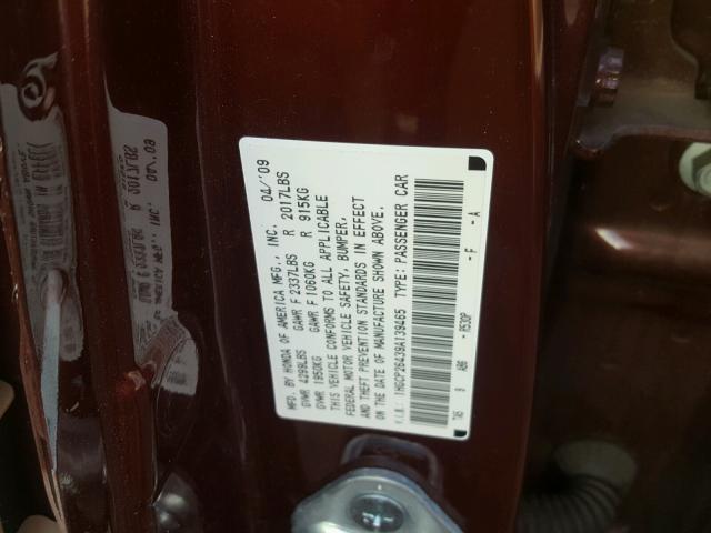 1HGCP26439A139465 - 2009 HONDA ACCORD LXP BURGUNDY photo 10