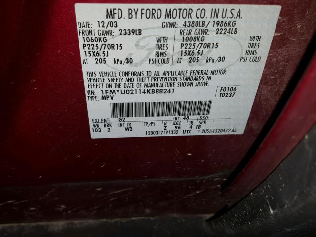 1FMYU02114KB88241 - 2004 FORD ESCAPE XLS RED photo 10