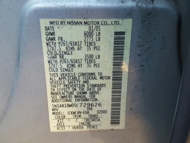 5N1AR18W05C729626 - 2005 NISSAN PATHFINDER GRAY photo 10