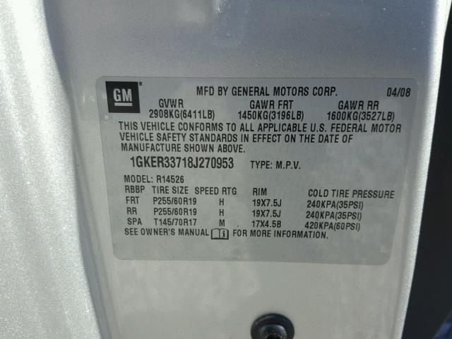 1GKER33718J270953 - 2008 GMC ACADIA SLT ვერცხლისფერი ფოტო 10