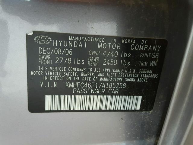 KMHFC46F17A185258 - 2007 HYUNDAI AZERA SE GRAY photo 10