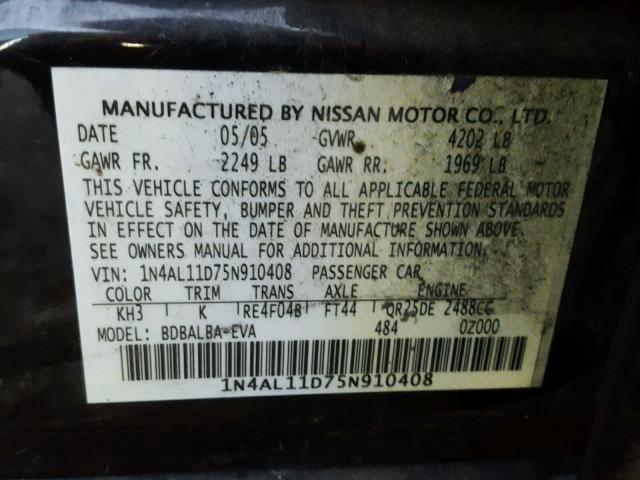 1N4AL11D75N910408 - 2005 NISSAN ALTIMA S BLACK photo 10