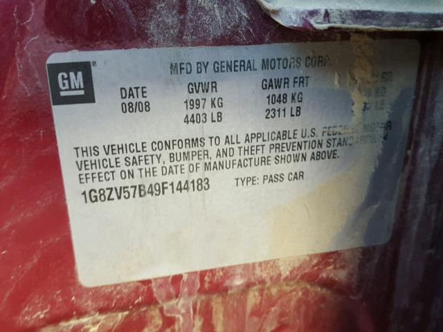 1G8ZV57B49F144183 - 2009 SATURN AURA XR RED photo 10