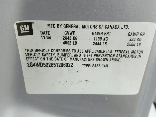 2G4WD532851206022 - 2005 BUICK LACROSSE C SILVER photo 10