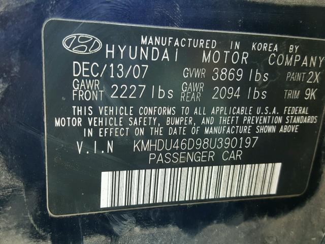 KMHDU46D98U390197 - 2008 HYUNDAI ELANTRA GL BLUE photo 10