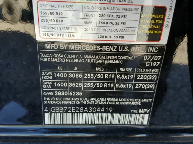 4JGBB72E28A304419 - 2008 MERCEDES-BENZ ML 550 BLACK photo 10