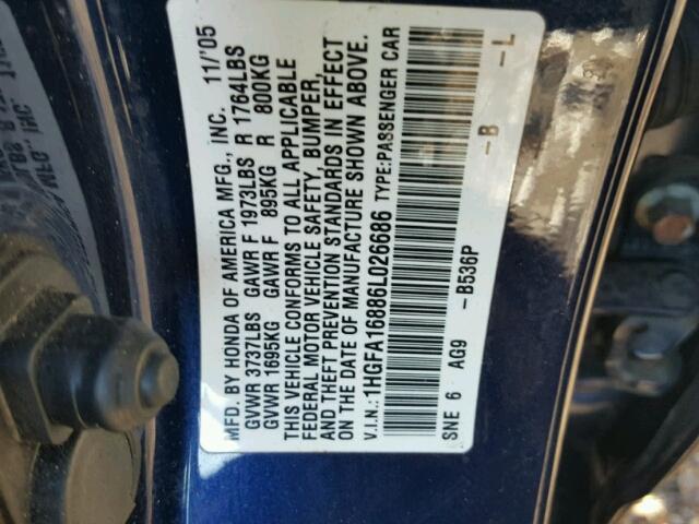 1HGFA16886L026686 - 2006 HONDA CIVIC EX BLUE photo 10