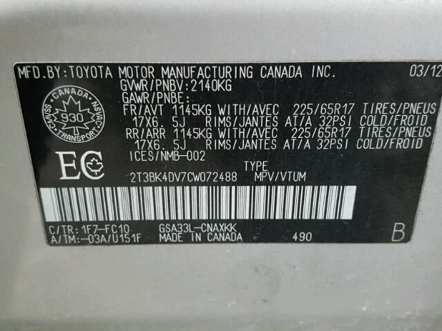 2T3BK4DV7CW072488 - 2012 TOYOTA RAV4 SILVER photo 10