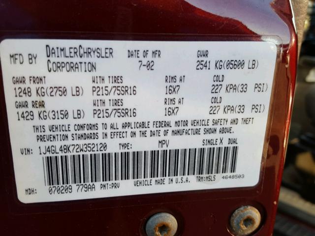 1J4GL48K72W352120 - 2002 JEEP LIBERTY SP MAROON photo 10