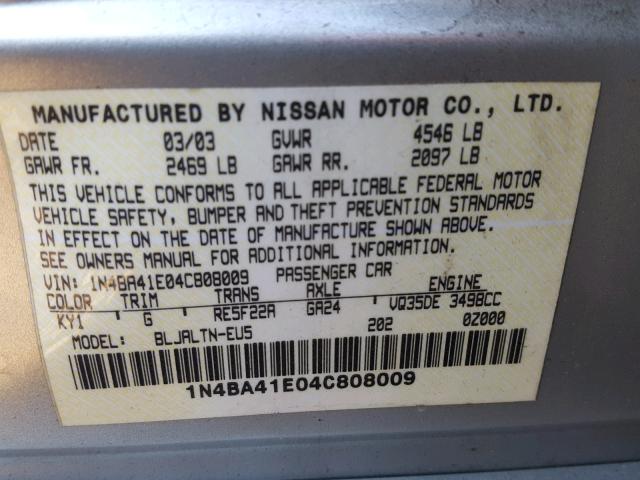 1N4BA41E04C808009 - 2004 NISSAN MAXIMA SE SILVER photo 10