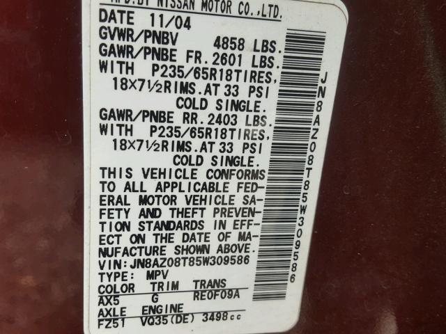 JN8AZ08T85W309586 - 2005 NISSAN MURANO SL BURGUNDY photo 10