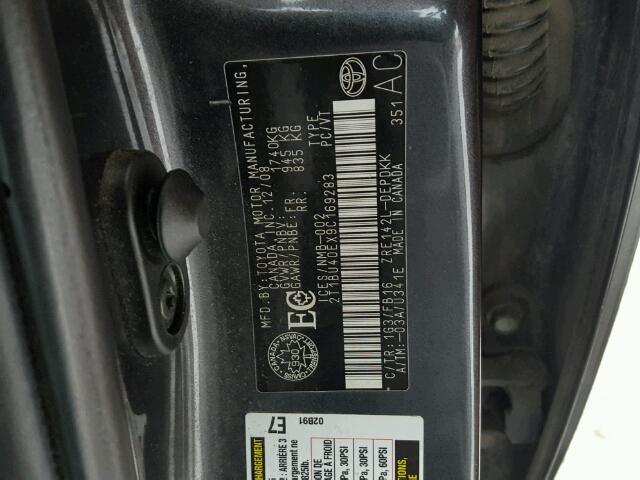 2T1BU40EX9C169283 - 2009 TOYOTA COROLLA BA CHARCOAL photo 10