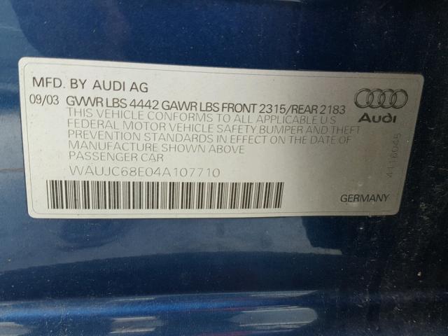 WAUJC68E04A107710 - 2004 AUDI A4 1.8T TEAL photo 10