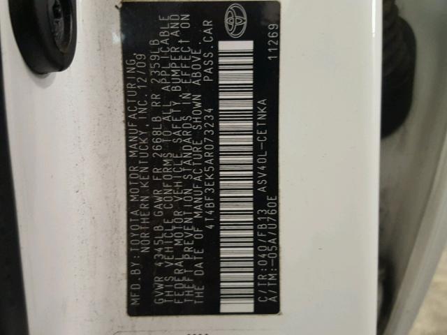 4T4BF3EK5AR073234 - 2010 TOYOTA CAMRY BASE WHITE photo 10