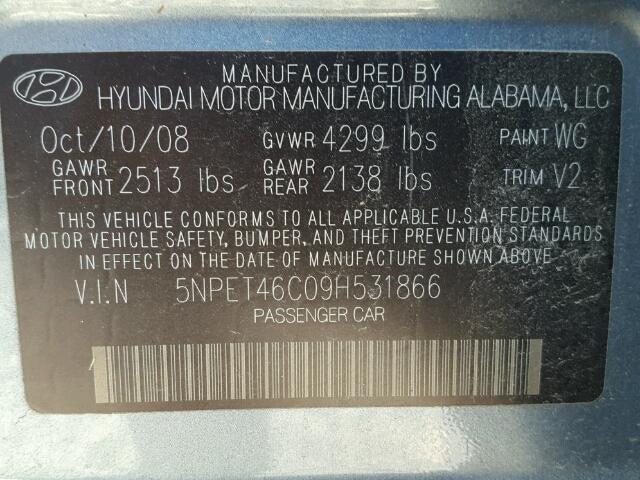 5NPET46C09H531866 - 2009 HYUNDAI SONATA GLS GRAY photo 10