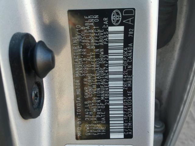 2T1BU4EE7AC474723 - 2010 TOYOTA COROLLA BA SILVER photo 10