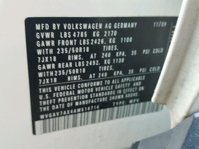 WVGAV7AX4AW514714 - 2010 VOLKSWAGEN TIGUAN S WHITE photo 10