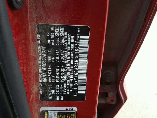 5XYZGDAB4BG016158 - 2011 HYUNDAI SANTA FE G RED photo 10