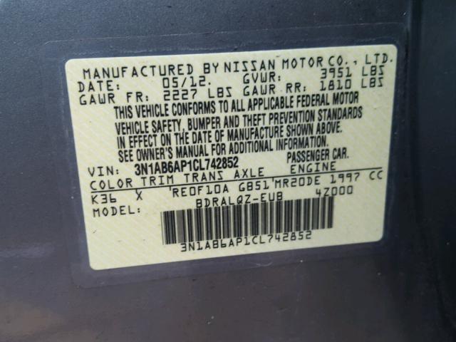 3N1AB6AP1CL742852 - 2012 NISSAN SENTRA 2.0 GRAY photo 10