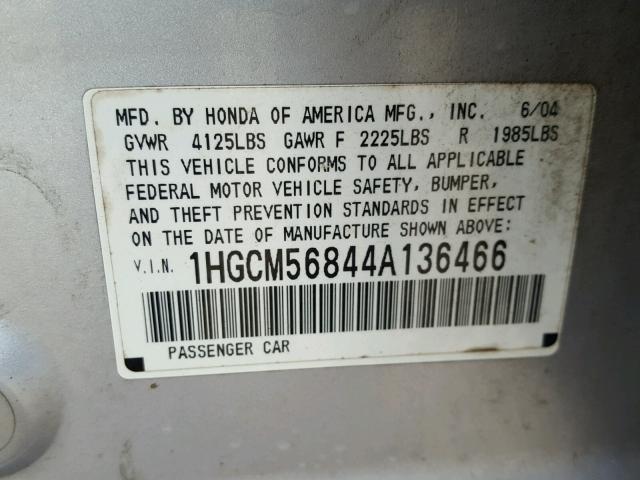 1HGCM56844A136466 - 2004 HONDA ACCORD EX SILVER photo 10