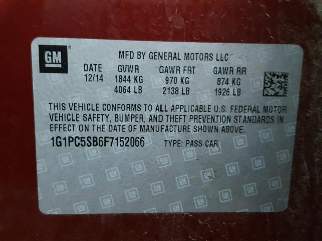 1G1PC5SB6F7152066 - 2015 CHEVROLET CRUZE LT RED photo 10