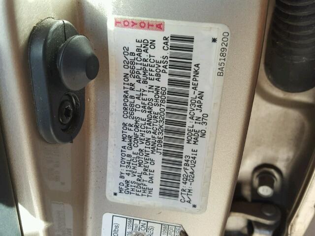 JTDBE32K320078060 - 2002 TOYOTA CAMRY LE BEIGE photo 10