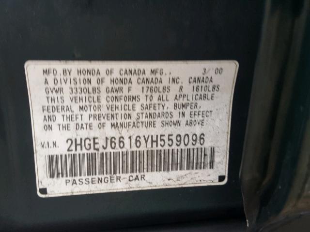 2HGEJ6616YH559096 - 2000 HONDA CIVIC BASE 绿色 照片 10