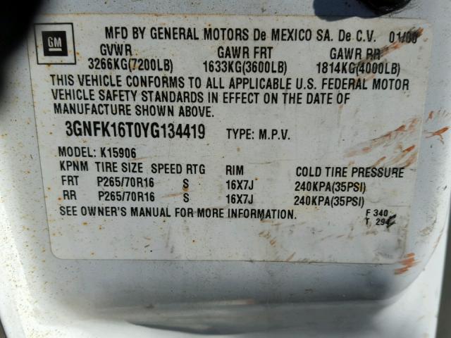 3GNFK16T0YG134419 - 2000 CHEVROLET SUBURBAN K WHITE photo 10