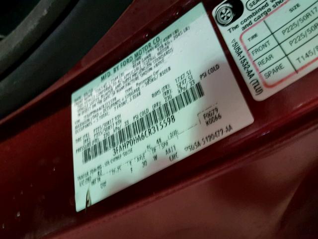 3FAHP0HA6CR315598 - 2012 FORD FUSION SE RED photo 10