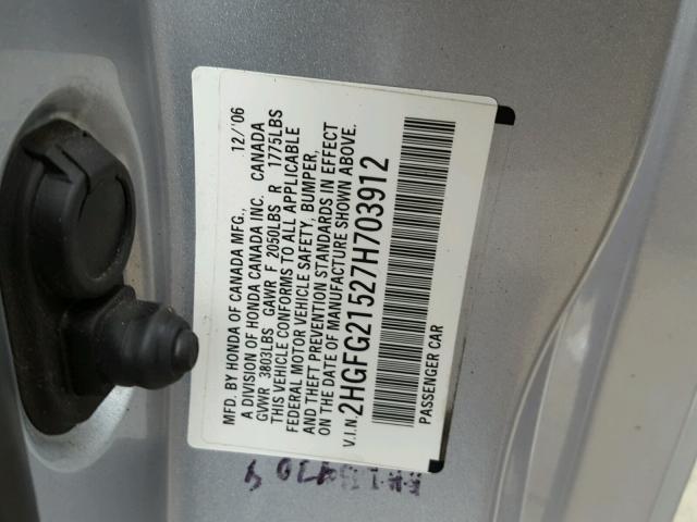 2HGFG21527H703912 - 2007 HONDA CIVIC SI SILVER photo 10