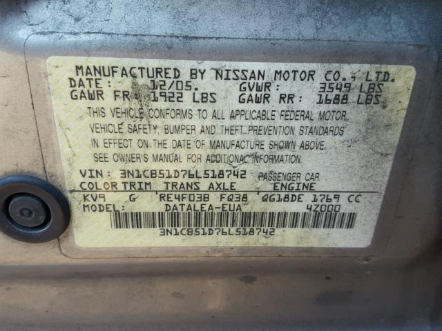 3N1CB51D76L518742 - 2006 NISSAN SENTRA 1.8 GRAY photo 10