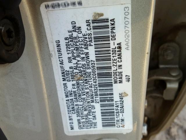 2T1BR32E43C065937 - 2003 TOYOTA COROLLA SILVER photo 10