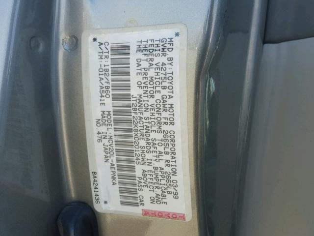 JT2BF22K8X0201245 - 1999 TOYOTA CAMRY LE GRAY photo 10