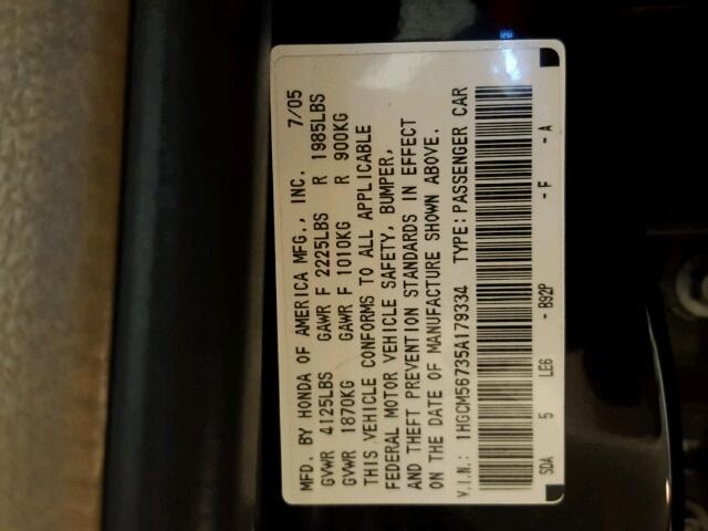 1HGCM56735A179334 - 2005 HONDA ACCORD EX 黑色 照片 10