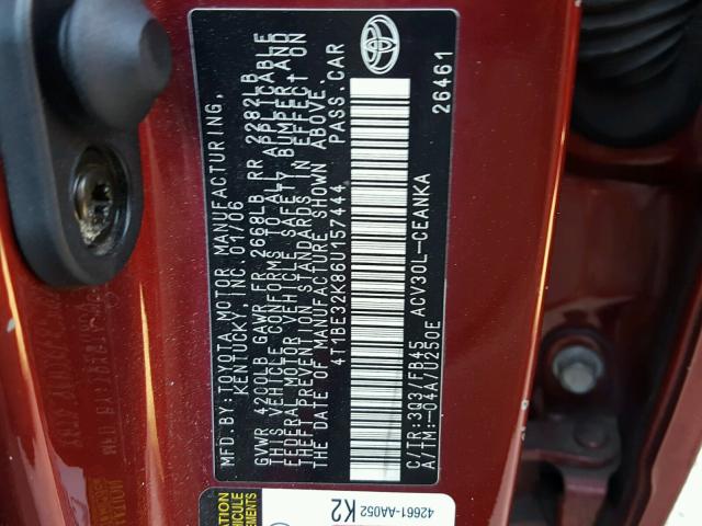 4T1BE32K86U157444 - 2006 TOYOTA CAMRY LE ბურგუნდია ფოტო 10