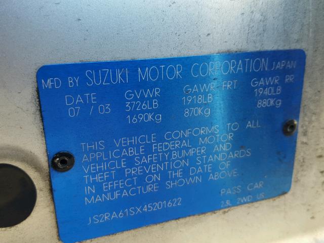 JS2RA61SX45201622 - 2004 SUZUKI AERIO S SILVER photo 10