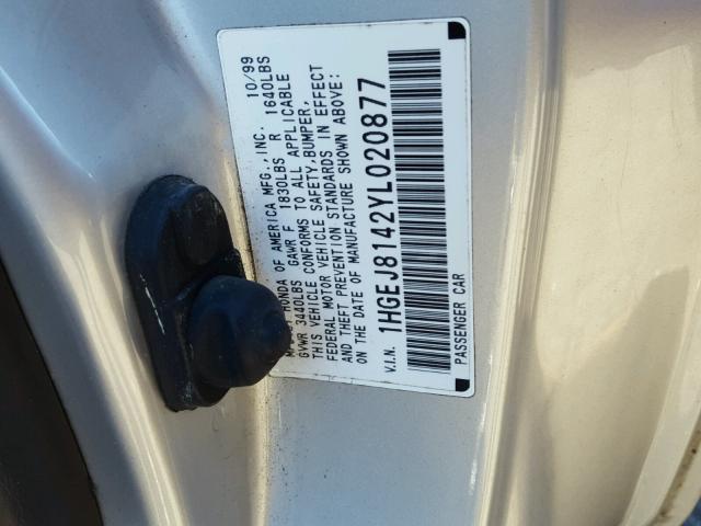 1HGEJ8142YL020877 - 2000 HONDA CIVIC EX SILVER photo 10