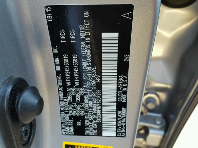 5TDDKRFH7FS207259 - 2015 TOYOTA HIGHLANDER SILVER photo 10