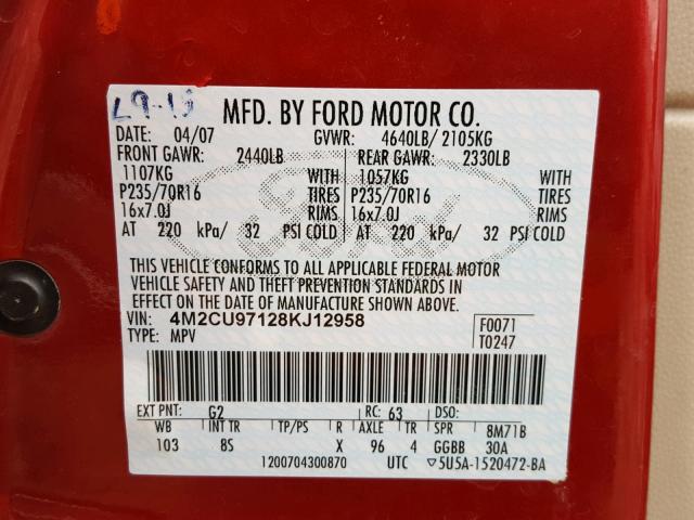 4M2CU97128KJ12958 - 2008 MERCURY MARINER PR RED photo 10