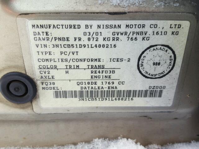 3N1CB51D91L488216 - 2001 NISSAN SENTRA XE GOLD photo 10