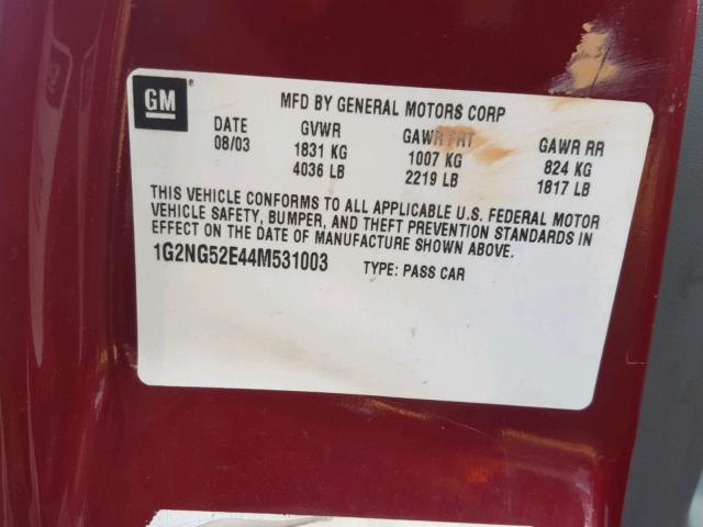 1G2NG52E44M531003 - 2004 PONTIAC GRAND AM S მუქწითელი ფოტო 10